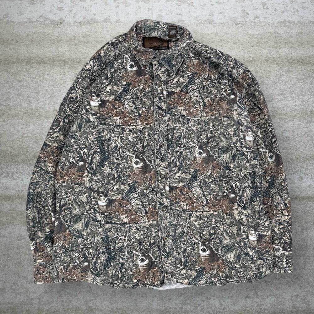 Vintage 90s Wolf Creek Hunting Camo Button Up Shirt Mens L Cotton Long Sleeve